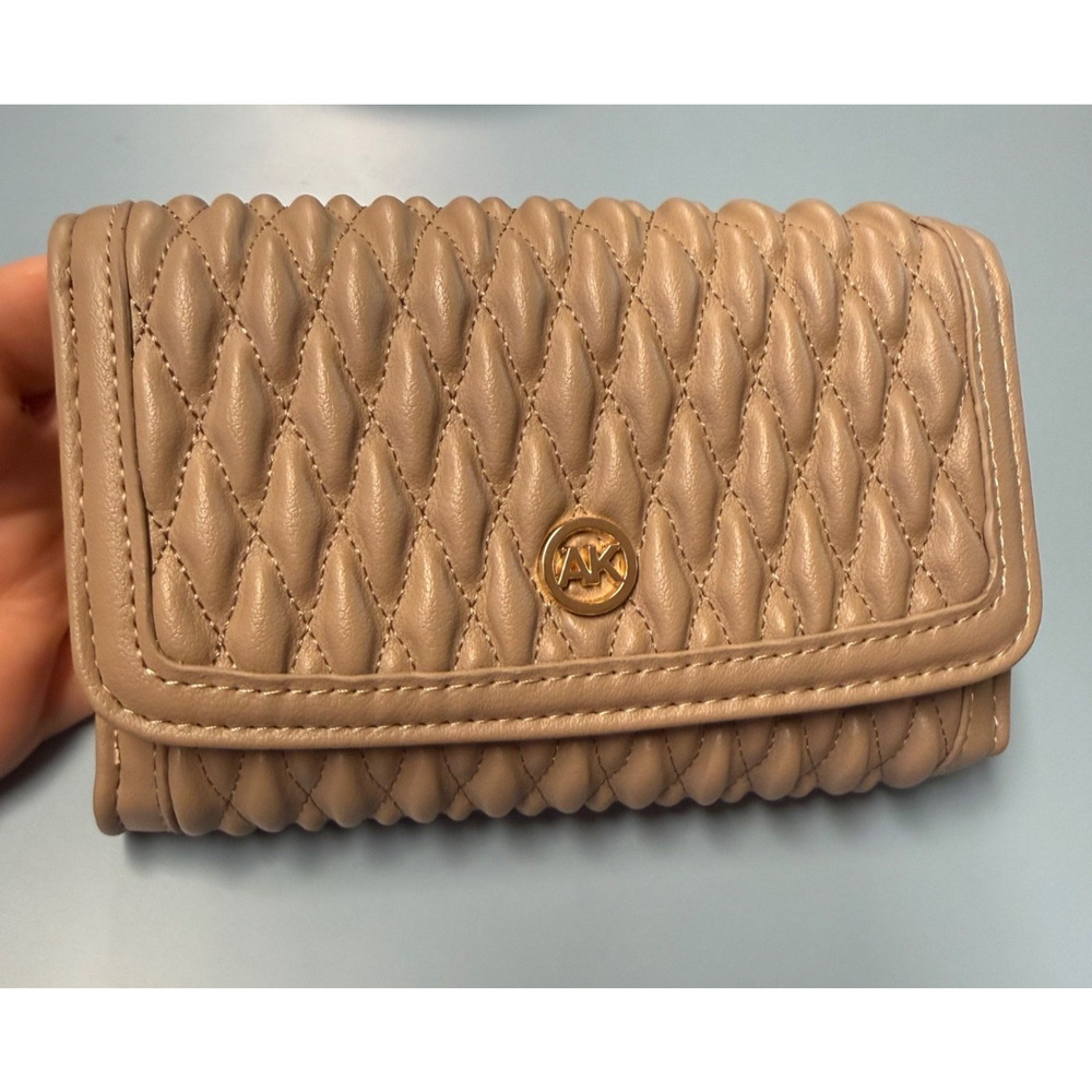 ANNE KLEIN Logo Trifold Flap Wallet 6" x 4" NUDE Ruched Quilted Style